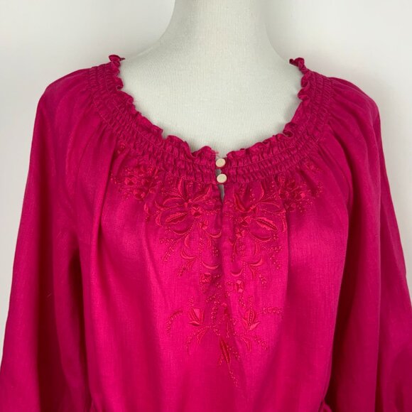 Lauren Ralph Lauren Fuschia Linen Peasant Embroidered Blouse Tie Waist Sz L - Picture 8 of 16